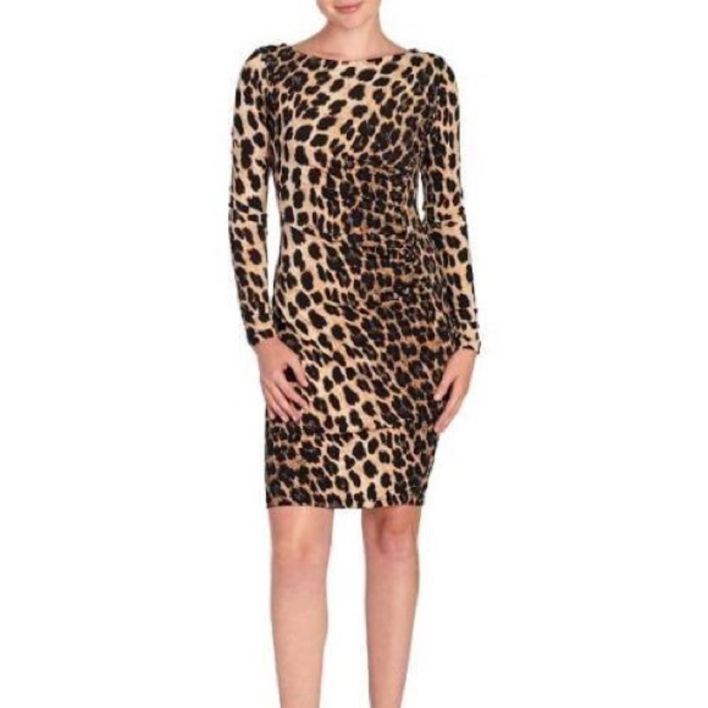 Carmen Marc Valvo Leopard Stretch Jersey Knit Dress Sz S